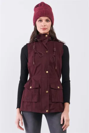 Burgundy Military Sleeveless Detachable Hoodie Vest Jacket